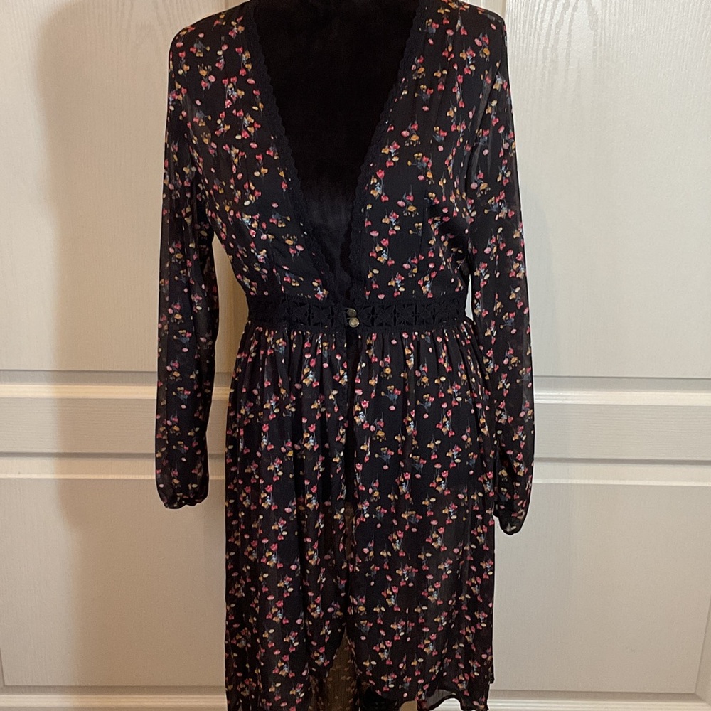 Xhilaration Black and Floral Sheer Dress with Lace Trim